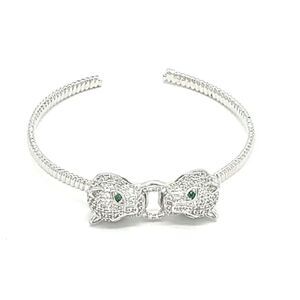 SILVER AND GOLD CUFF BANGLES CAT DESIGN CLEAR GREEN STONES